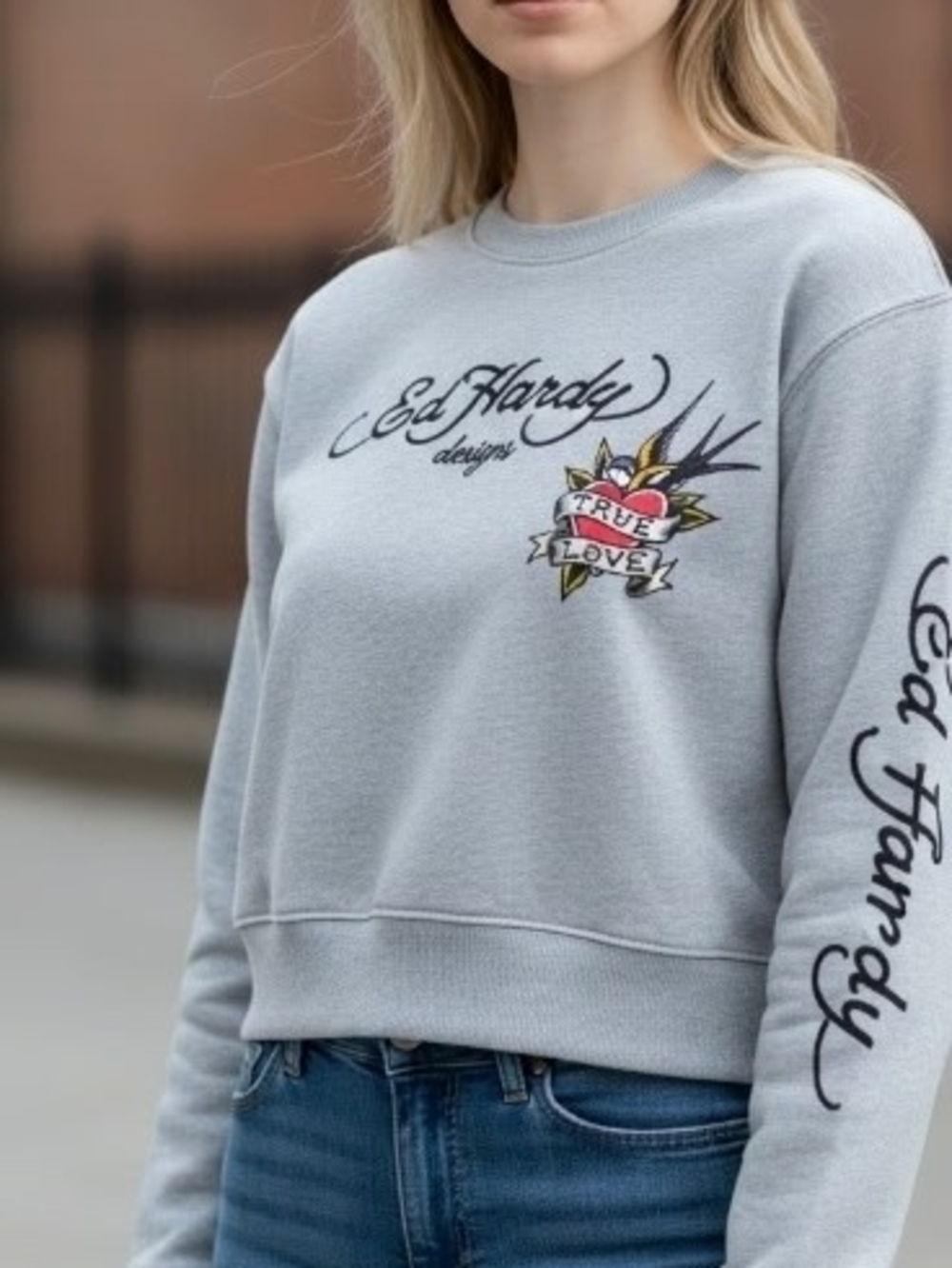Ed Hardy Light Gray Crewneck Sweatshirt with True Love Chest Graphic